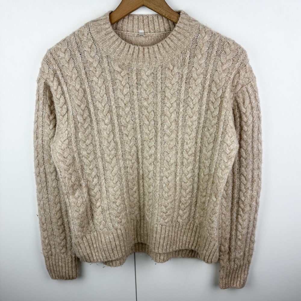 Muji Wool Yak Blend Cable Knit Crew Neck Sweater Oatmeal Cream Beige Small